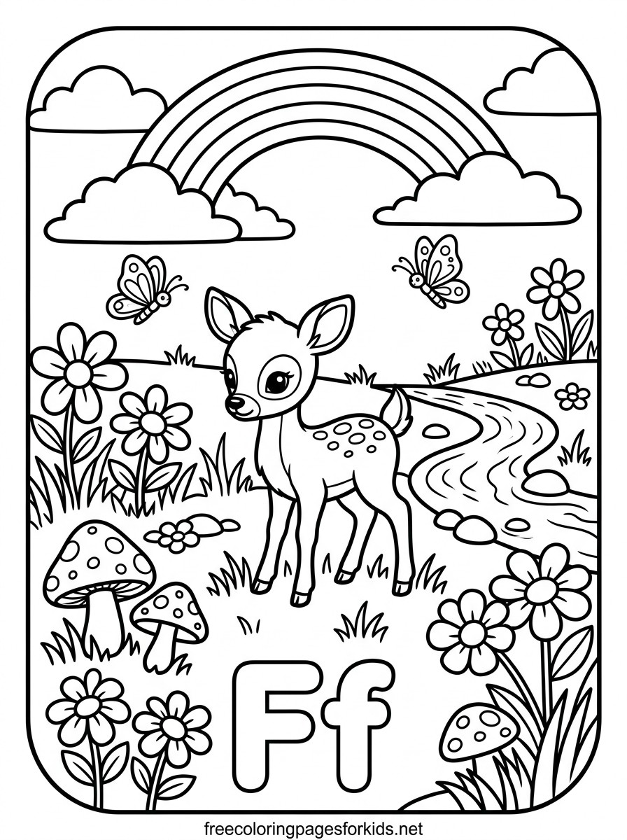 Letter F Fawn in the Meadow Coloring Page