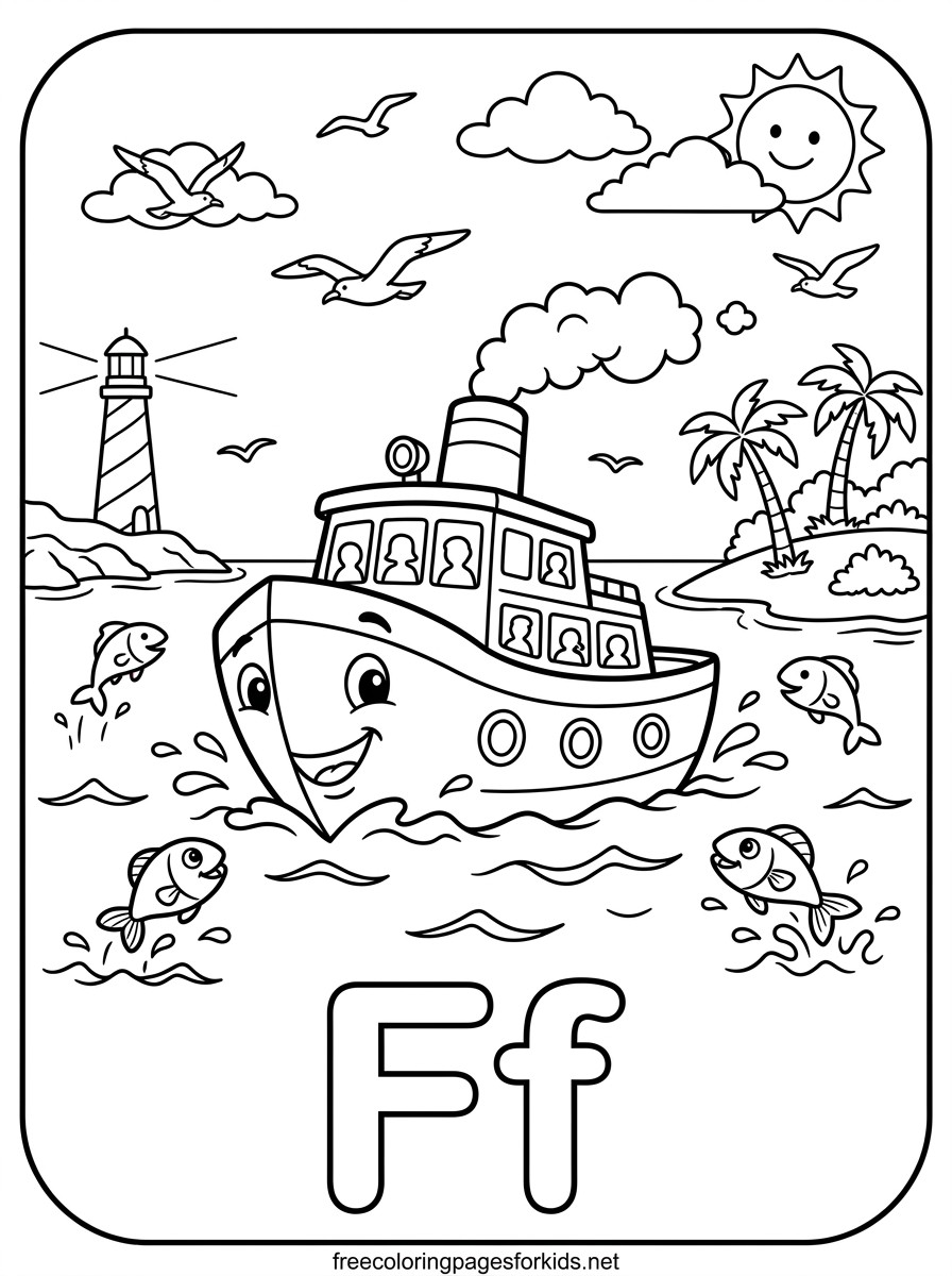 Letter F Ferry Boat and Palm Island Coloring Page