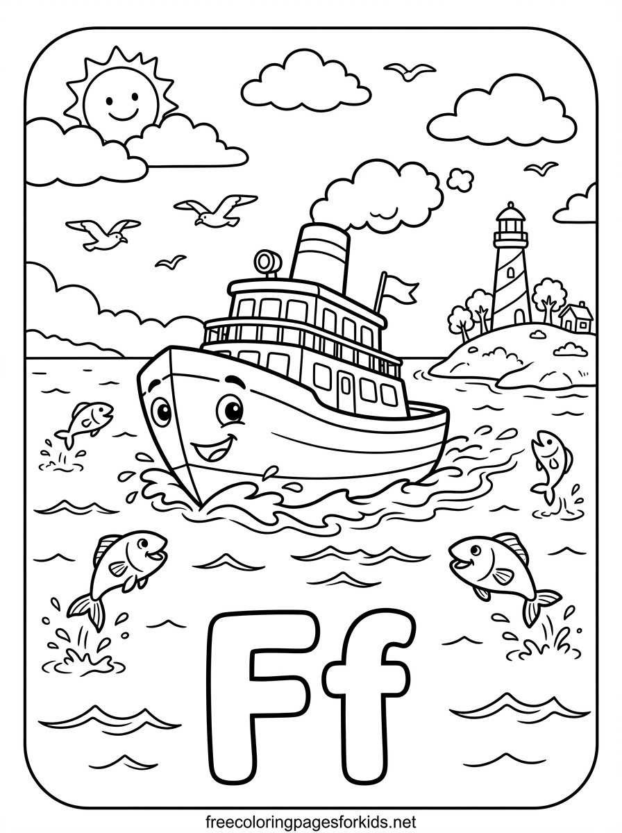 Letter F Ferry Boat and Lighthouse Coloring Page