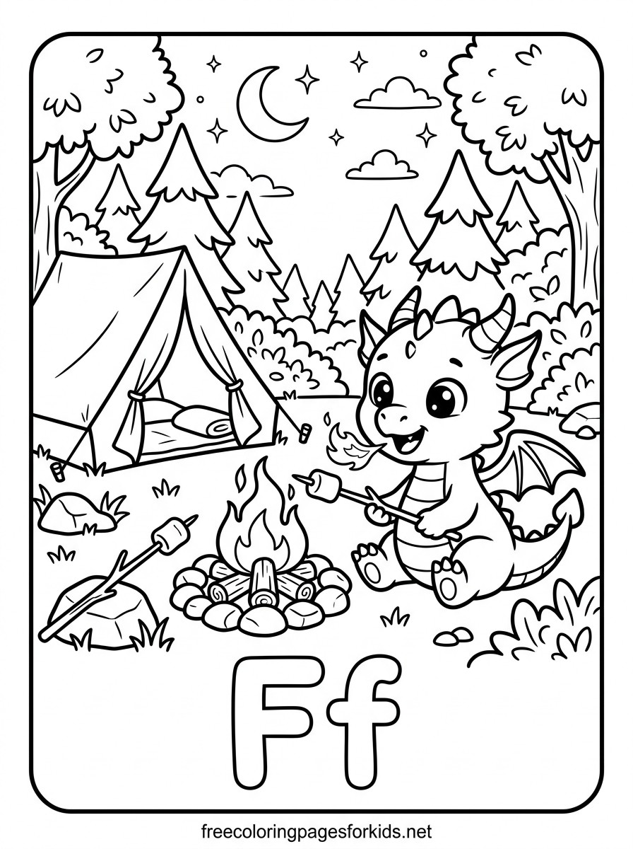 Letter F Fire Dragon and Campfire Coloring Page