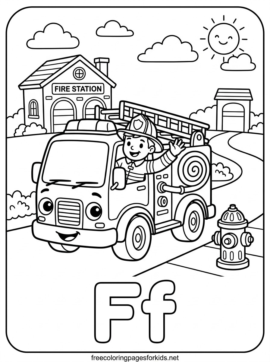 Letter F Fire Truck and Firefighter Coloring Page
