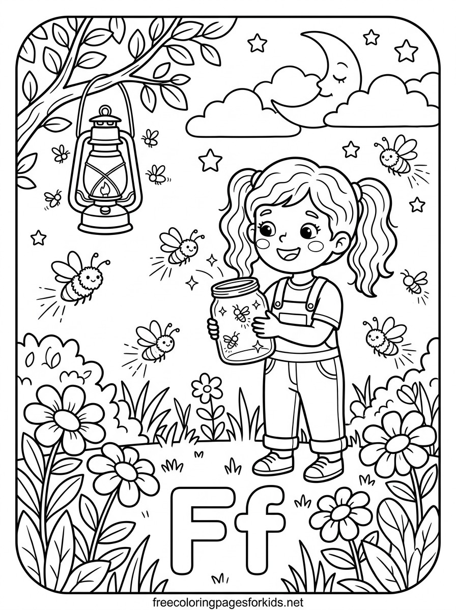 Letter F Girl with Firefly Jar Coloring Page