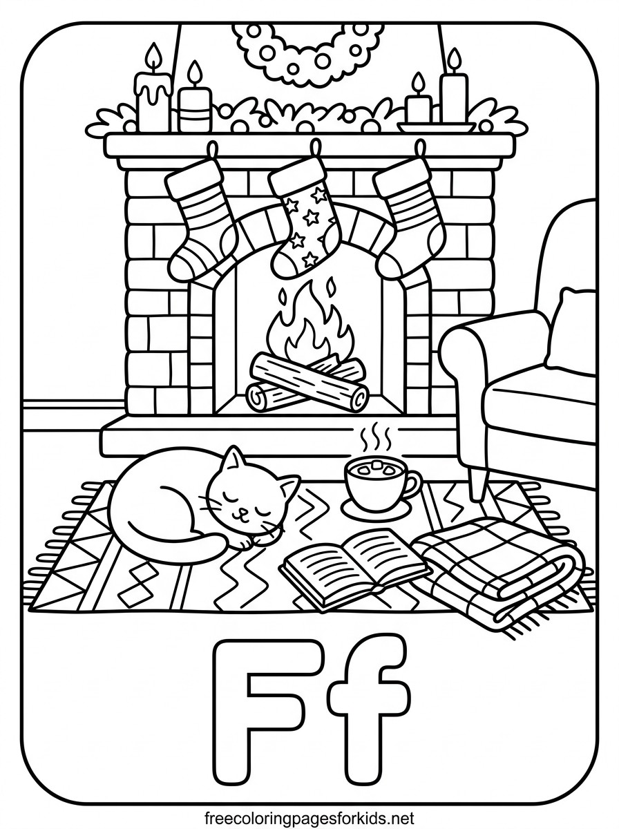 Letter F Cozy Fireplace Coloring Page