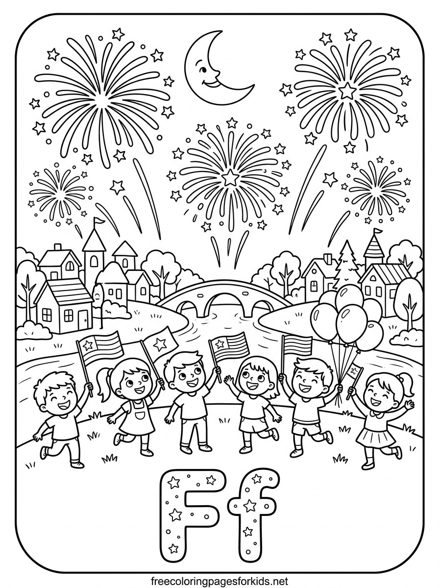Letter F Fireworks and Flags Coloring Page