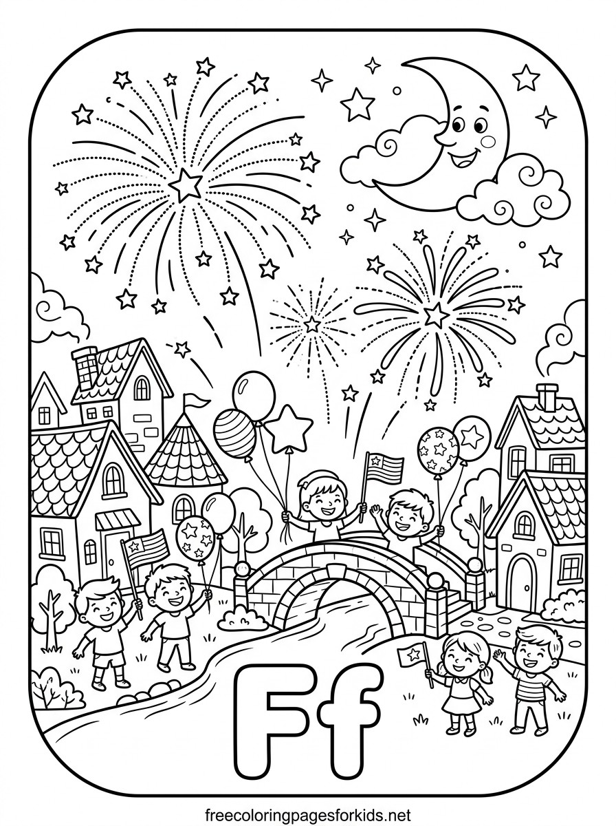 Letter F Fireworks Over the Town Coloring Page