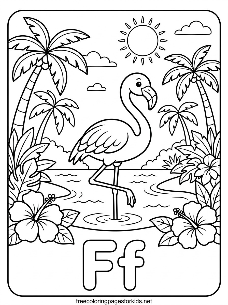 Letter F Flamingo in the Lagoon Coloring Page