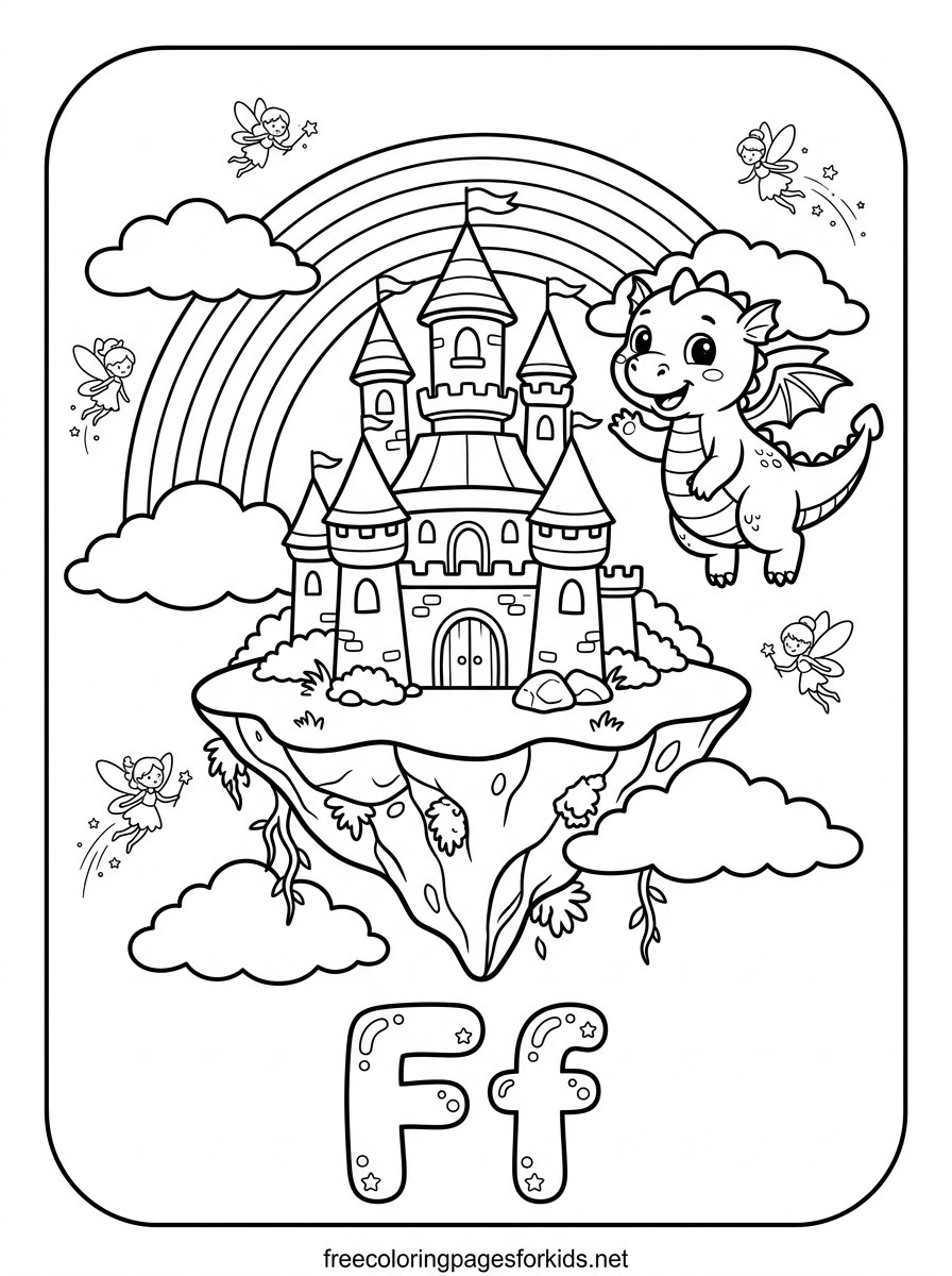 Letter F Floating Castle with Dragon Coloring Page