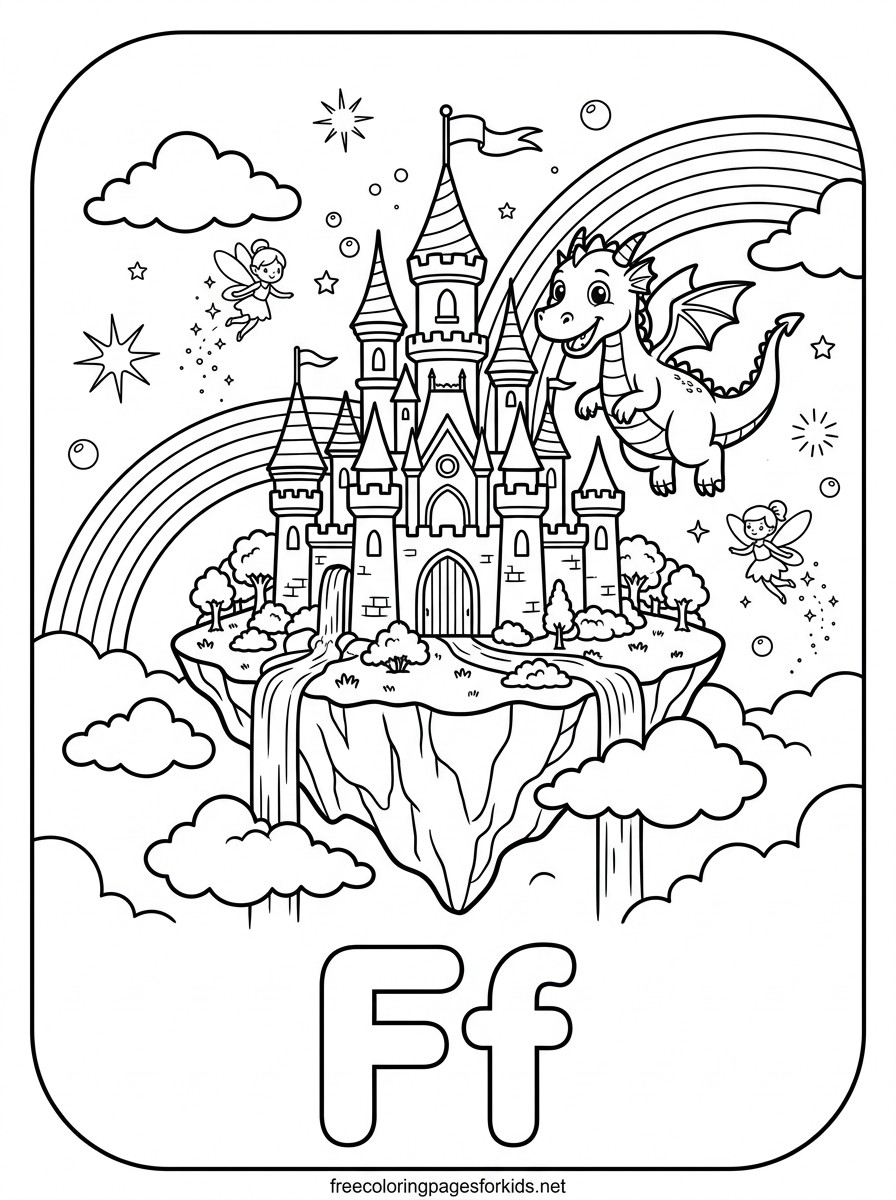 Letter F Island Castle with Waterfalls Coloring Page
