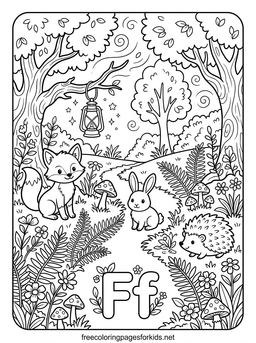 Letter F Forest Friends Coloring Page