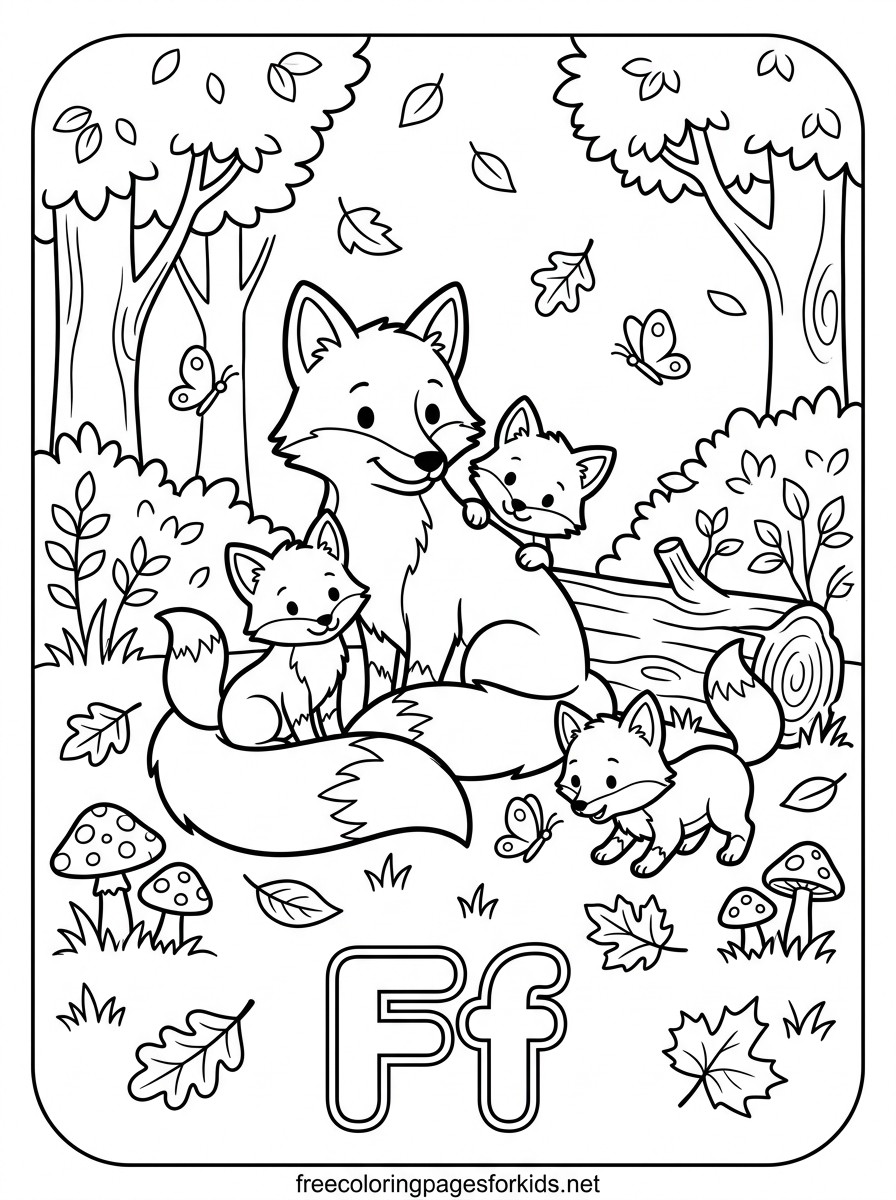 Letter F Fox Cubs and Falling Leaves Coloring Page