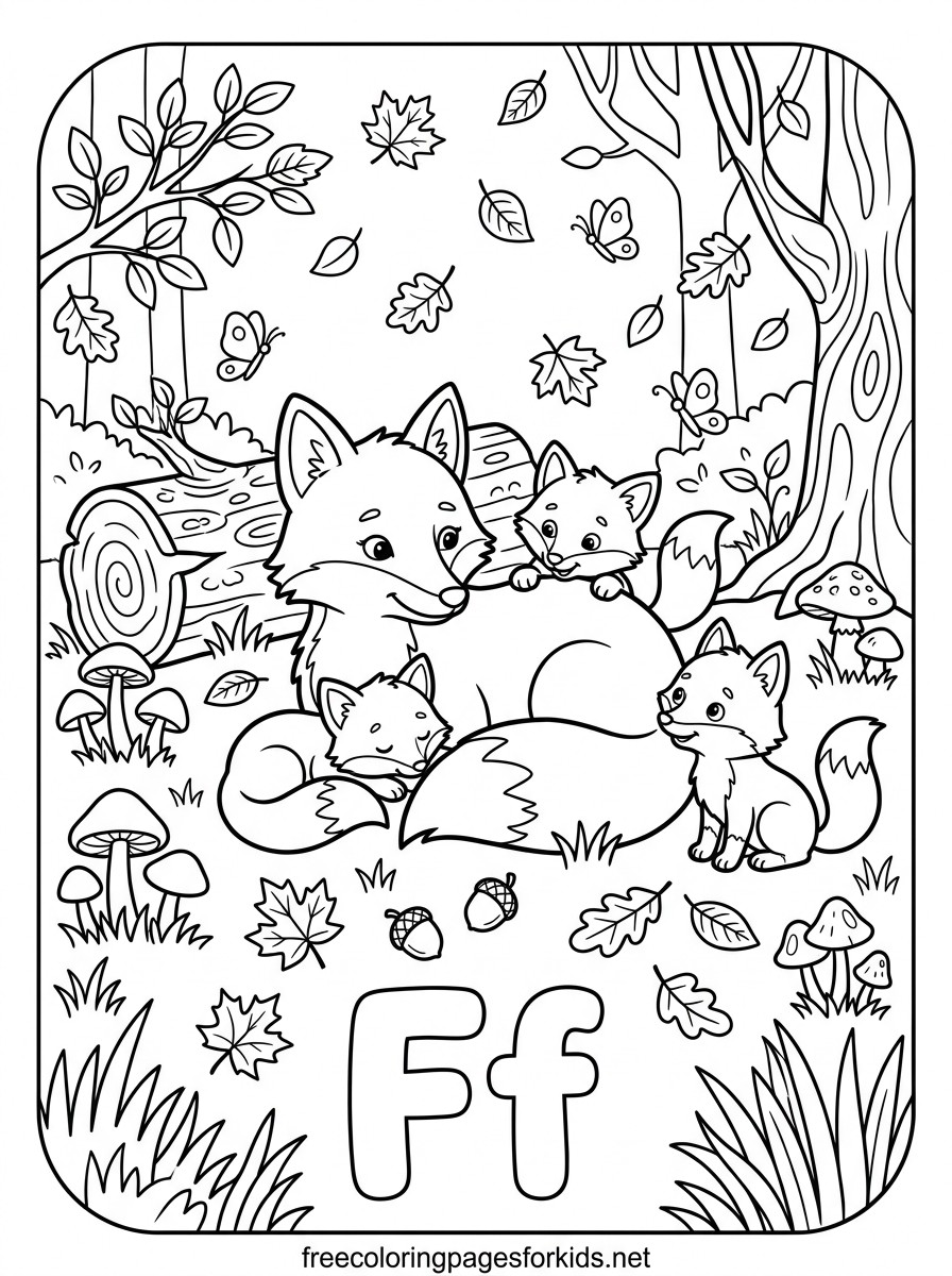 Letter F Fox Family in Autumn Coloring Page