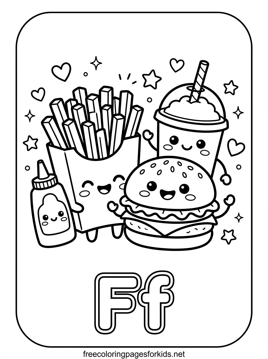 Letter F French Fries and Burger Friends Coloring Page