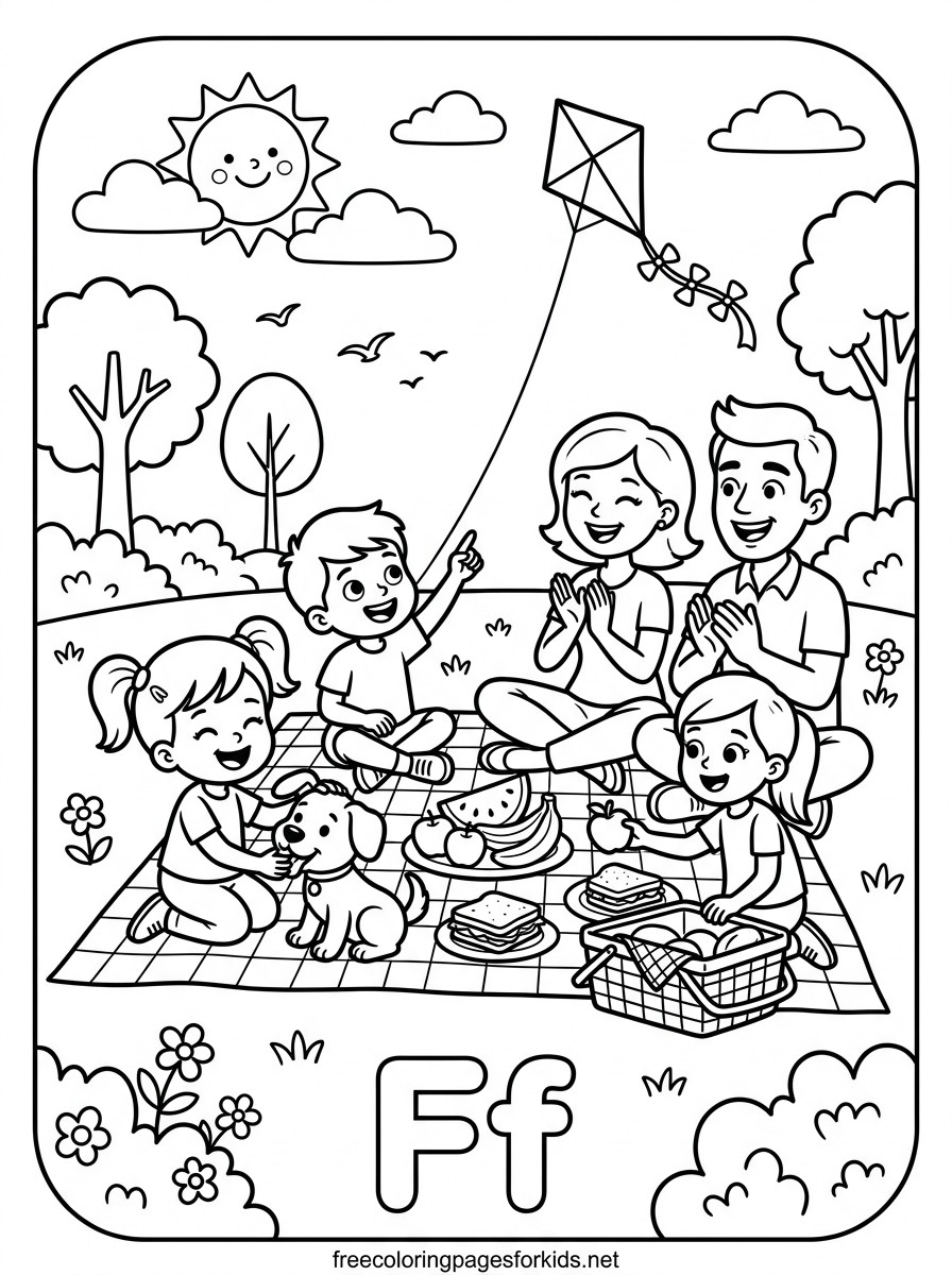 Letter F Picnic with a Kite Coloring Page