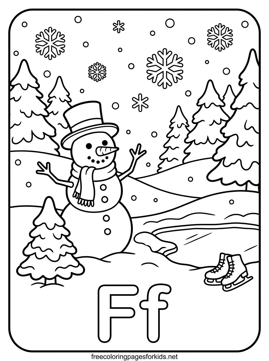 Letter F Snowman and Ice Skates Coloring Page