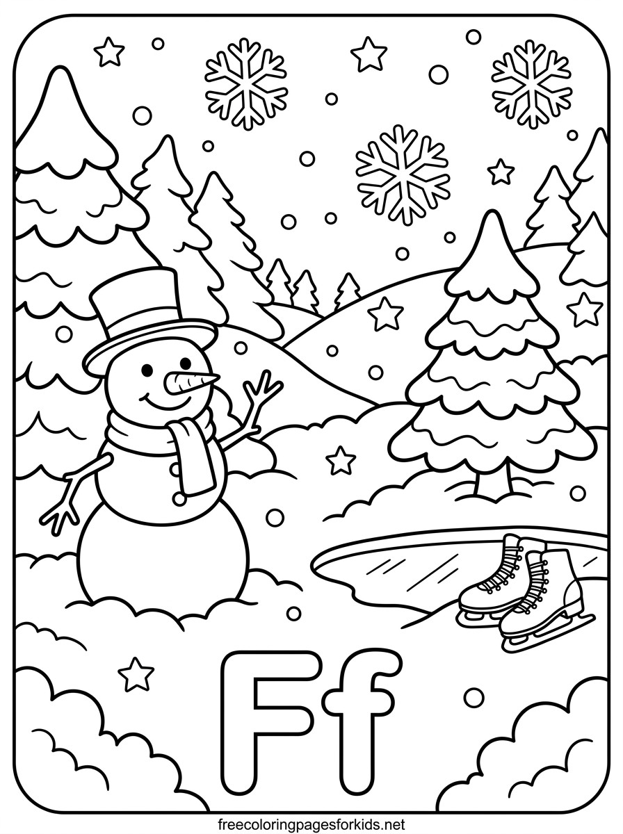 Letter F Snowman in the Winter Forest Coloring Page