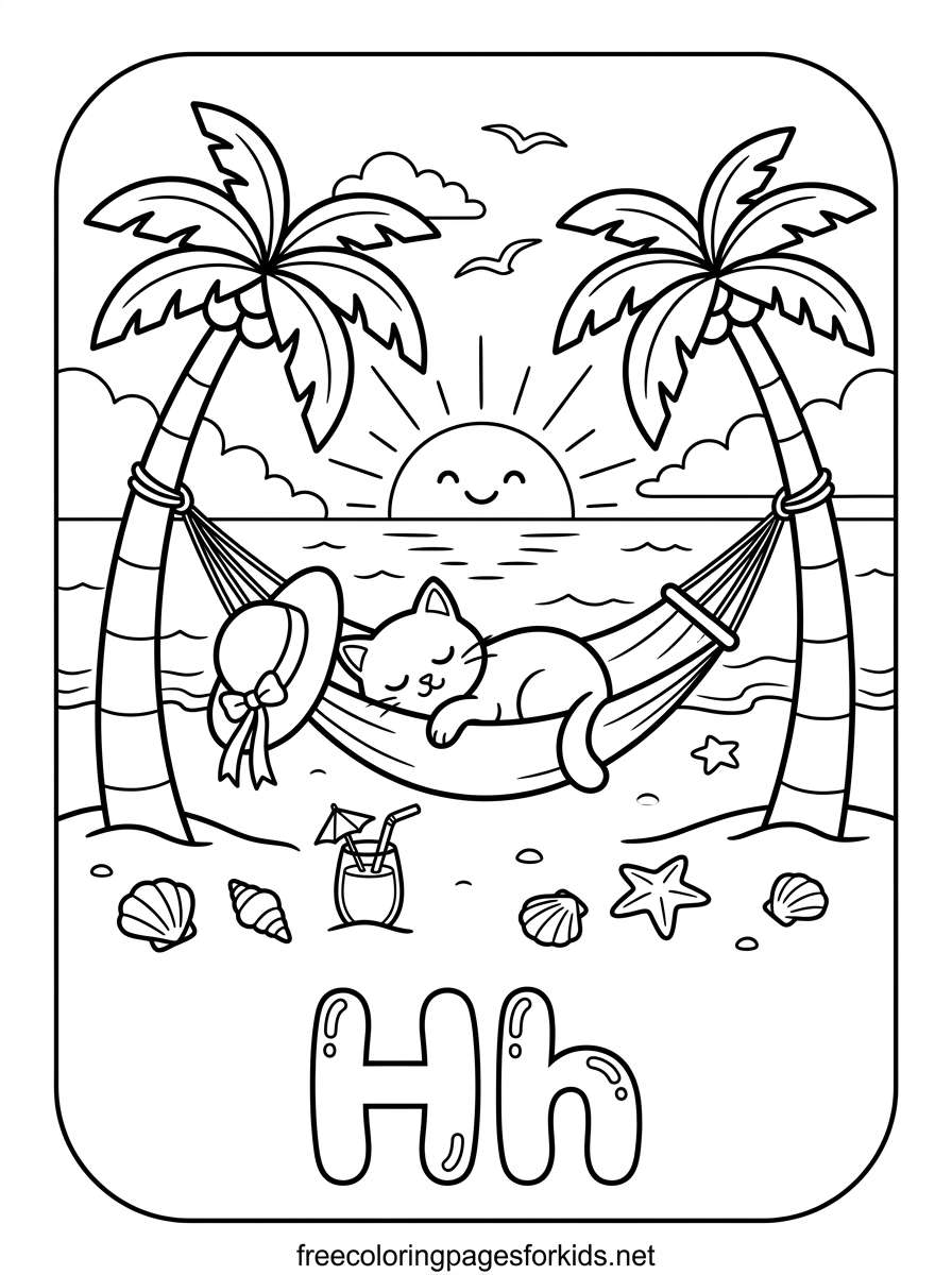 Letter H Cat in a Hammock Coloring Page