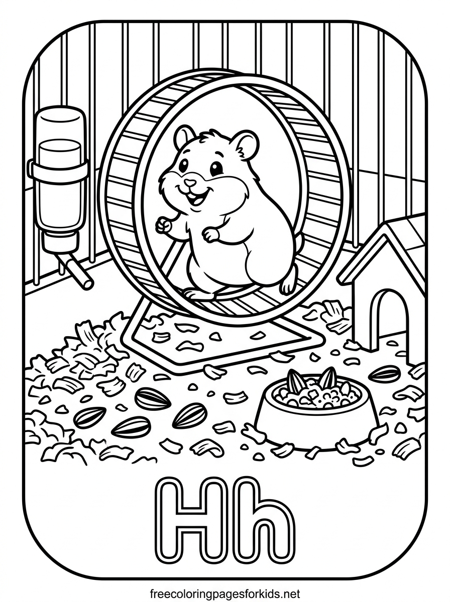 Letter H Hamster on a Wheel Coloring Page
