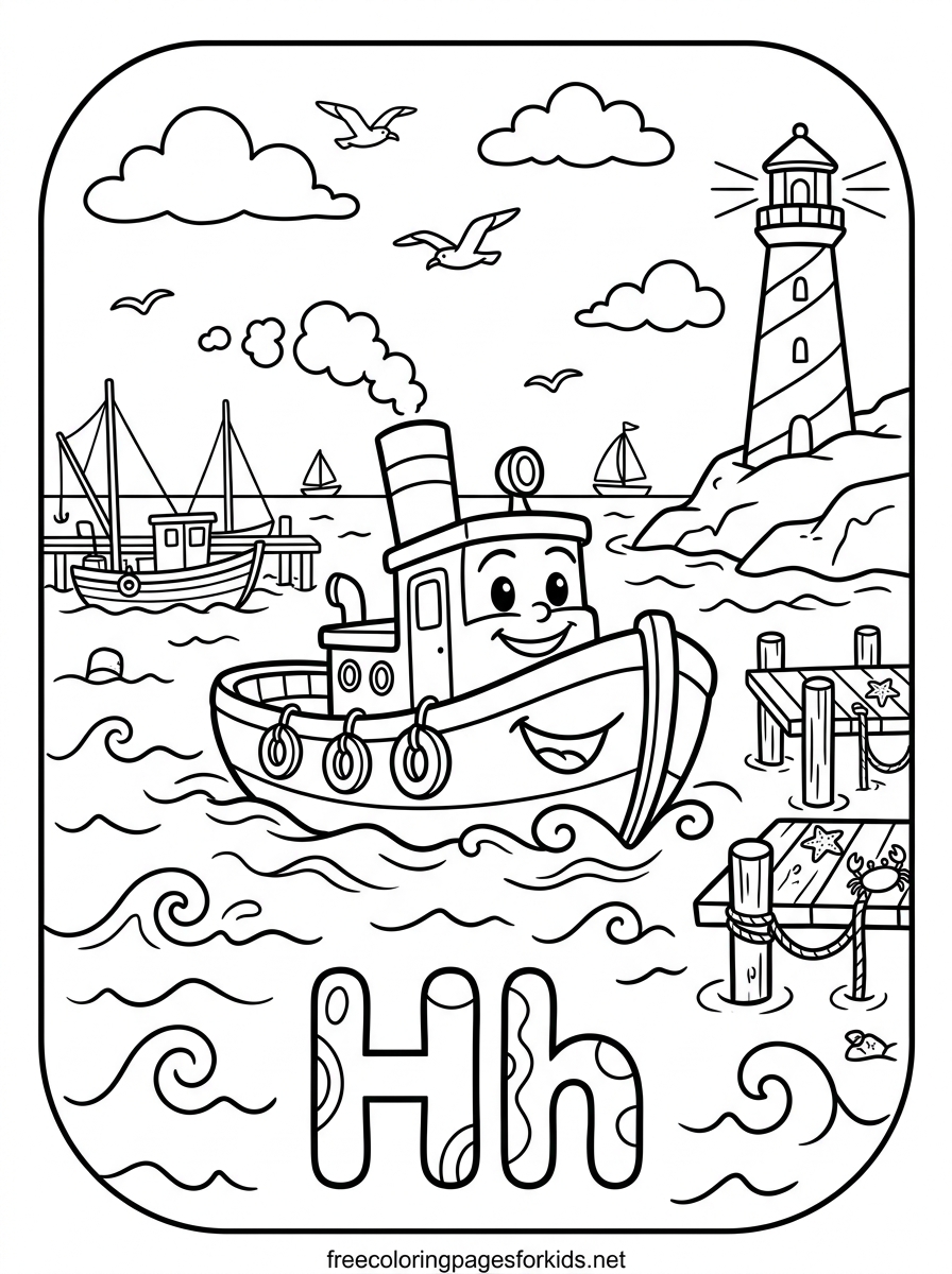 Letter H Harbor and Tugboat Coloring Page