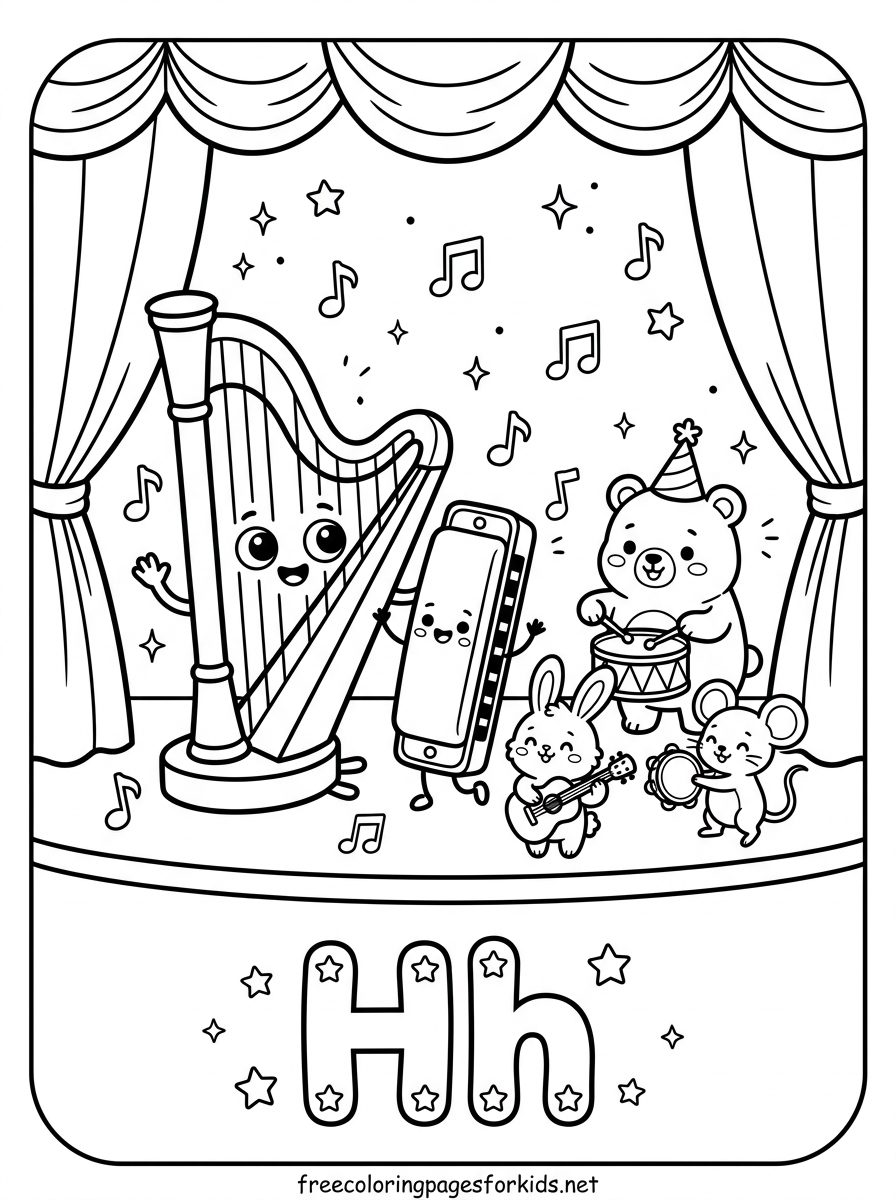 Letter H Harp and Harmonica on Stage Coloring Page