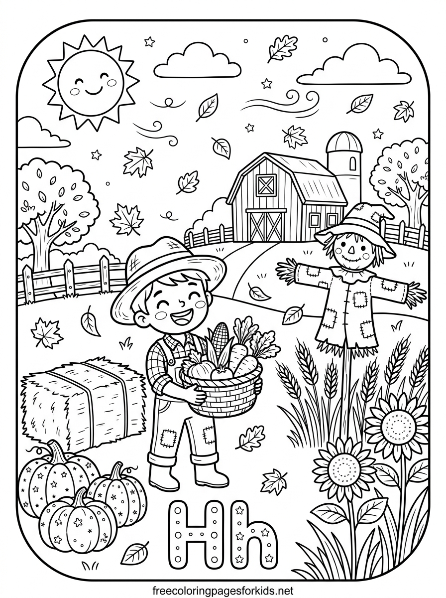 Letter H Harvest Time on the Farm Coloring Page