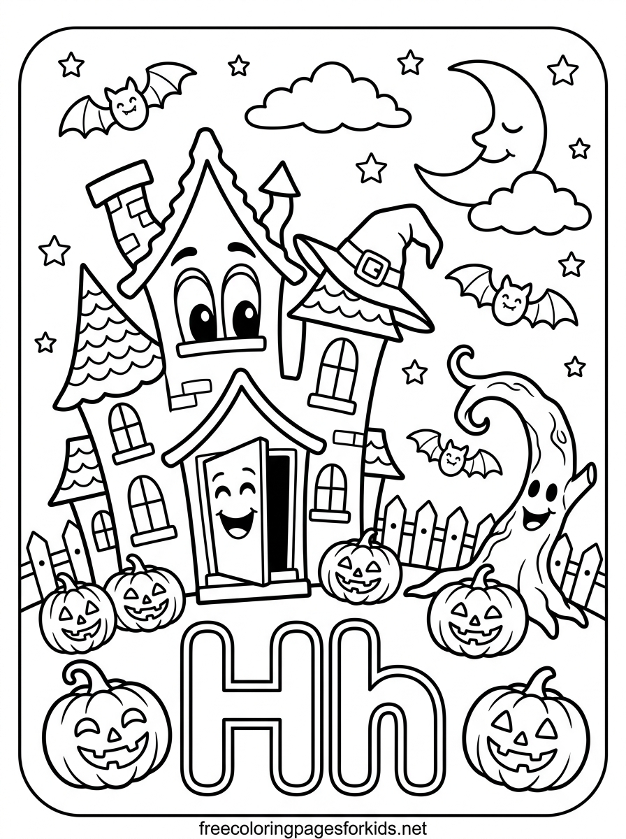 Letter H Haunted House Coloring Page