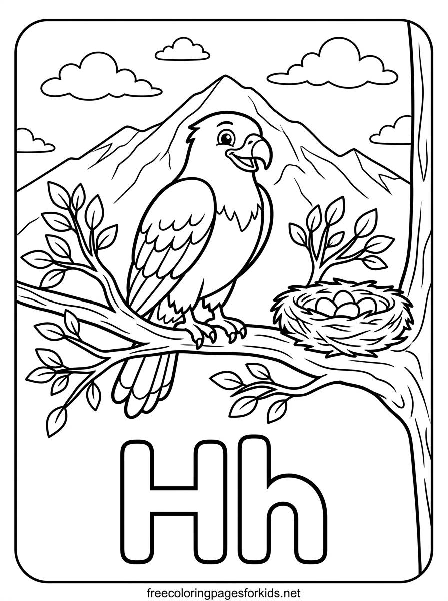 Letter H Hawk on a Branch Coloring Page
