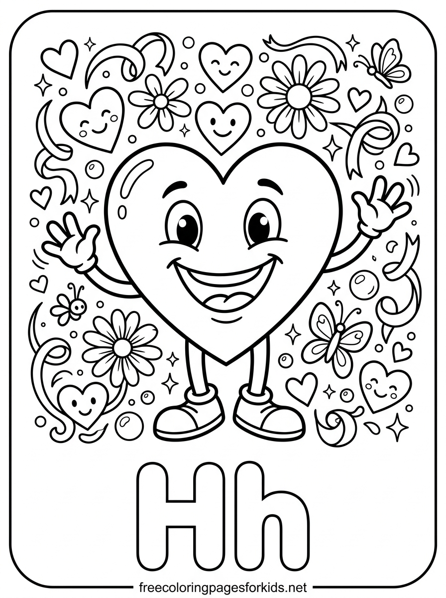 Letter H Happy Heart Coloring Page