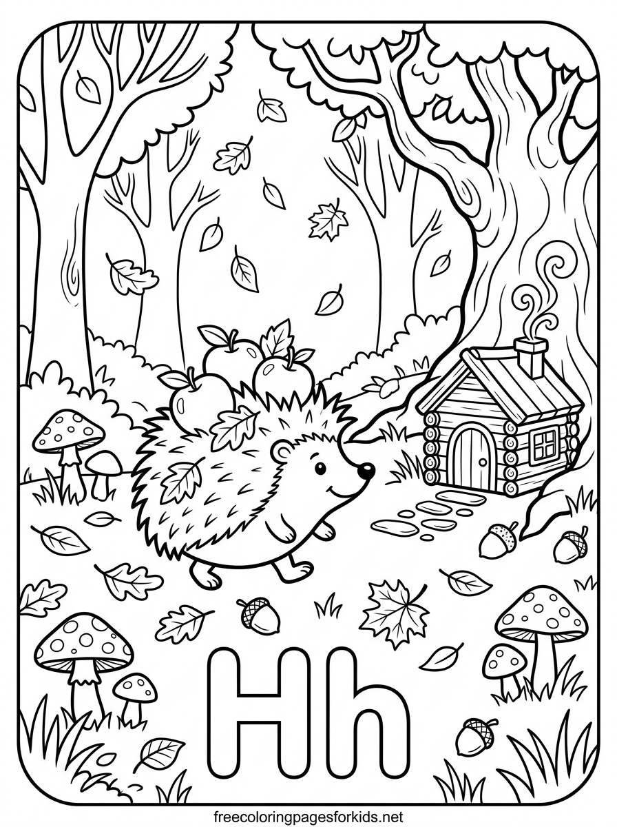 Letter H Hedgehog in the Autumn Forest Coloring Page