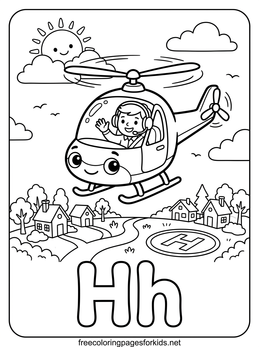 Letter H Helicopter Flying Over the Town Coloring Page