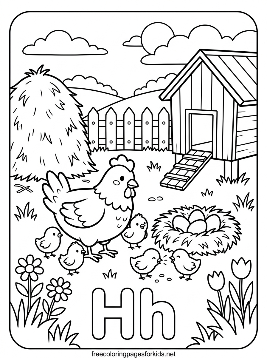 Letter H Hen and Chicks Coloring Page