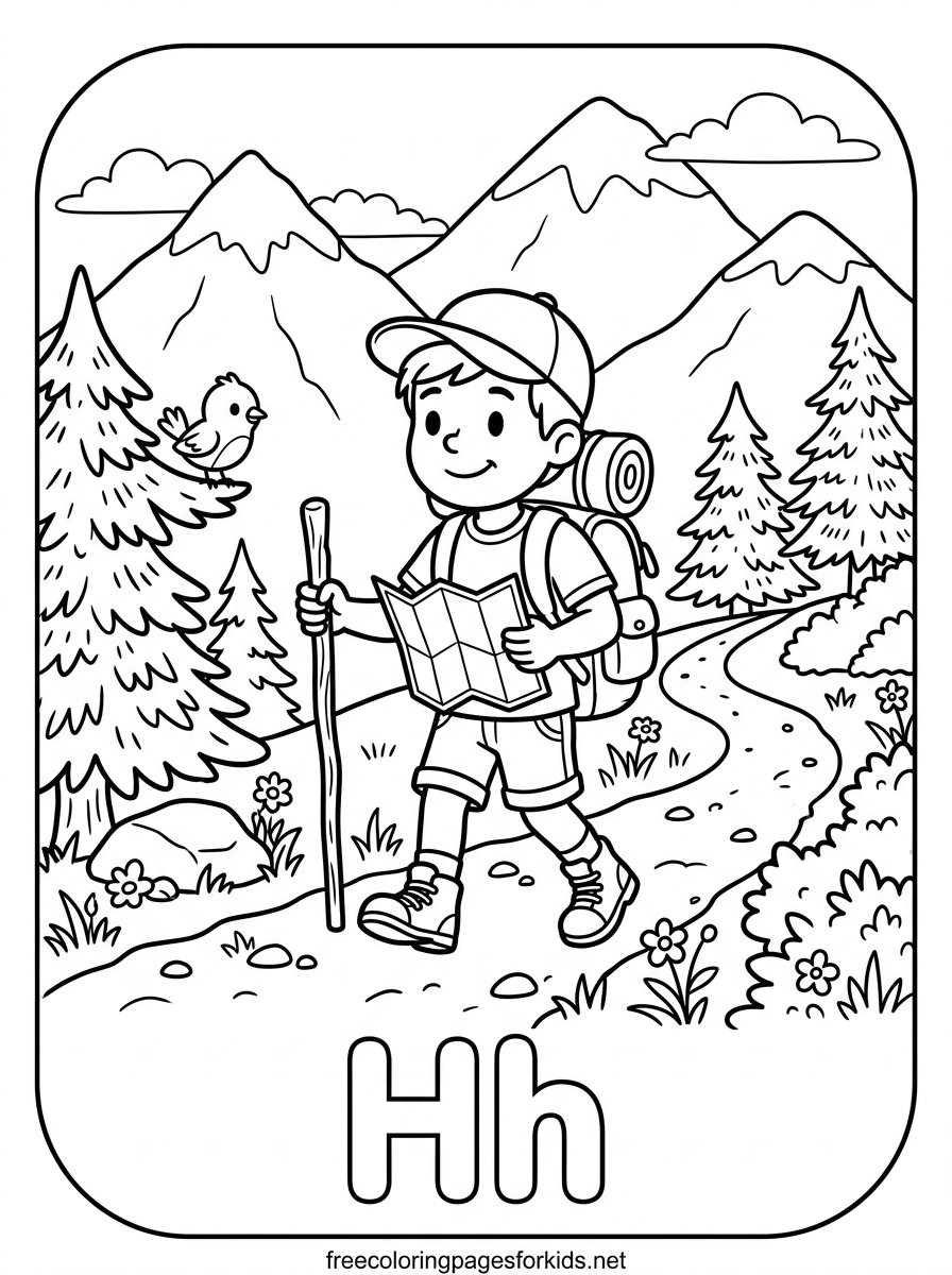 Letter H Hiker on the Mountain Trail Coloring Page