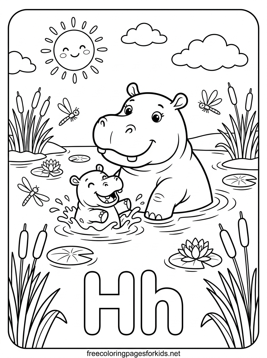 Letter H Hippo Mother and Baby Coloring Page