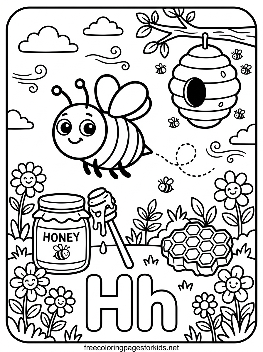 Letter H Honeybee and Honey Jar Coloring Page