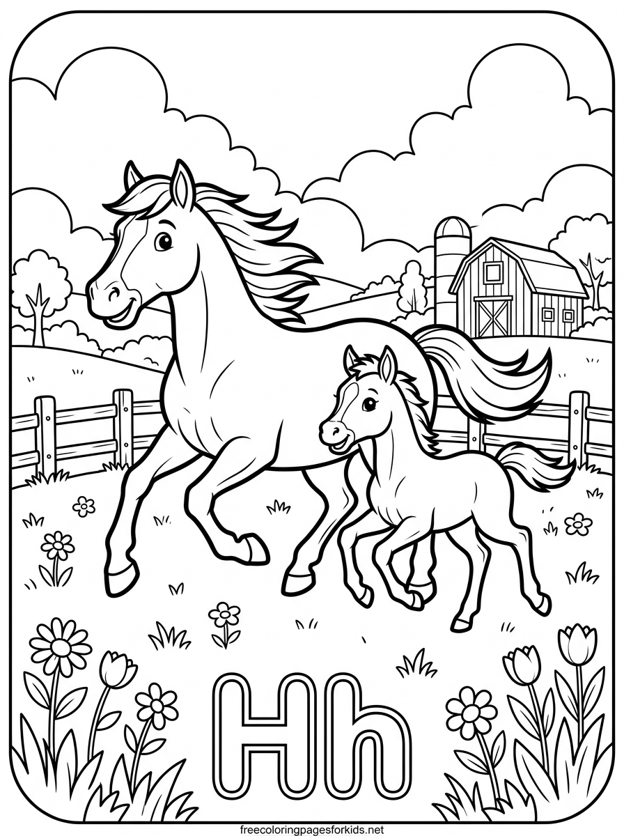Letter H Horse and Foal Galloping Coloring Page