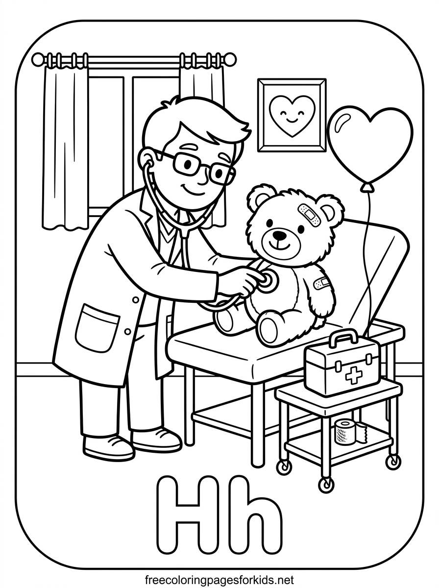Letter H Doctor and Teddy Bear Coloring Page