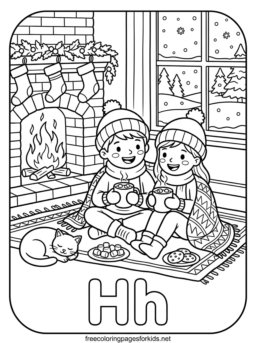 Letter H Kids with Hot Chocolate Coloring Page