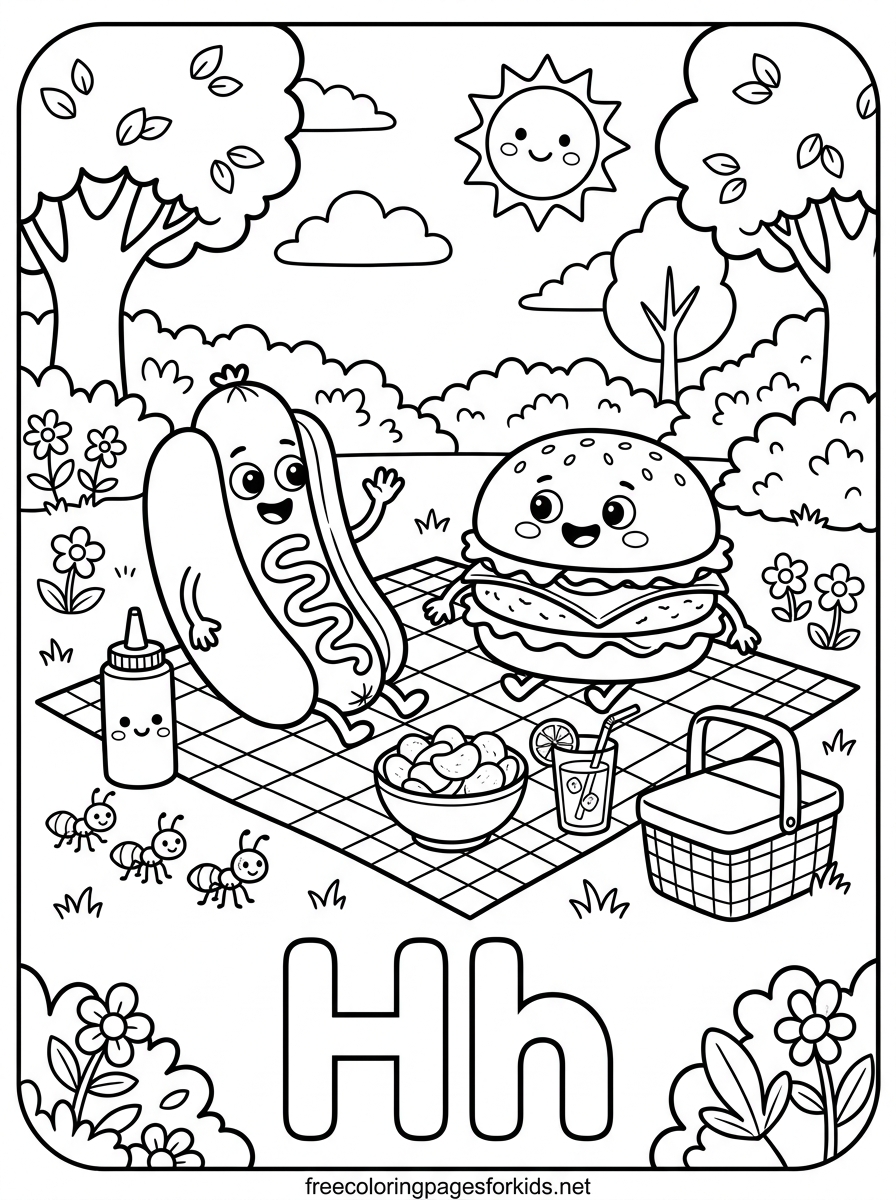 Letter H Hot Dog and Hamburger Picnic Coloring Page