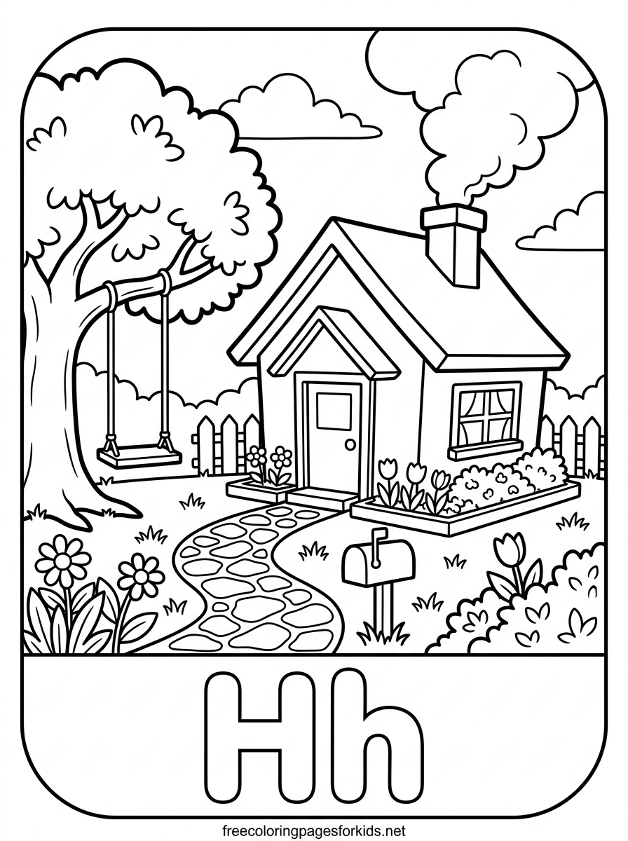 Letter H Cozy House with a Garden Coloring Page