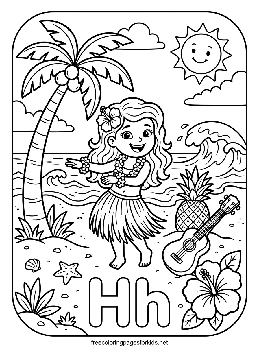 Letter H Hawaiian Hula Girl Coloring Page