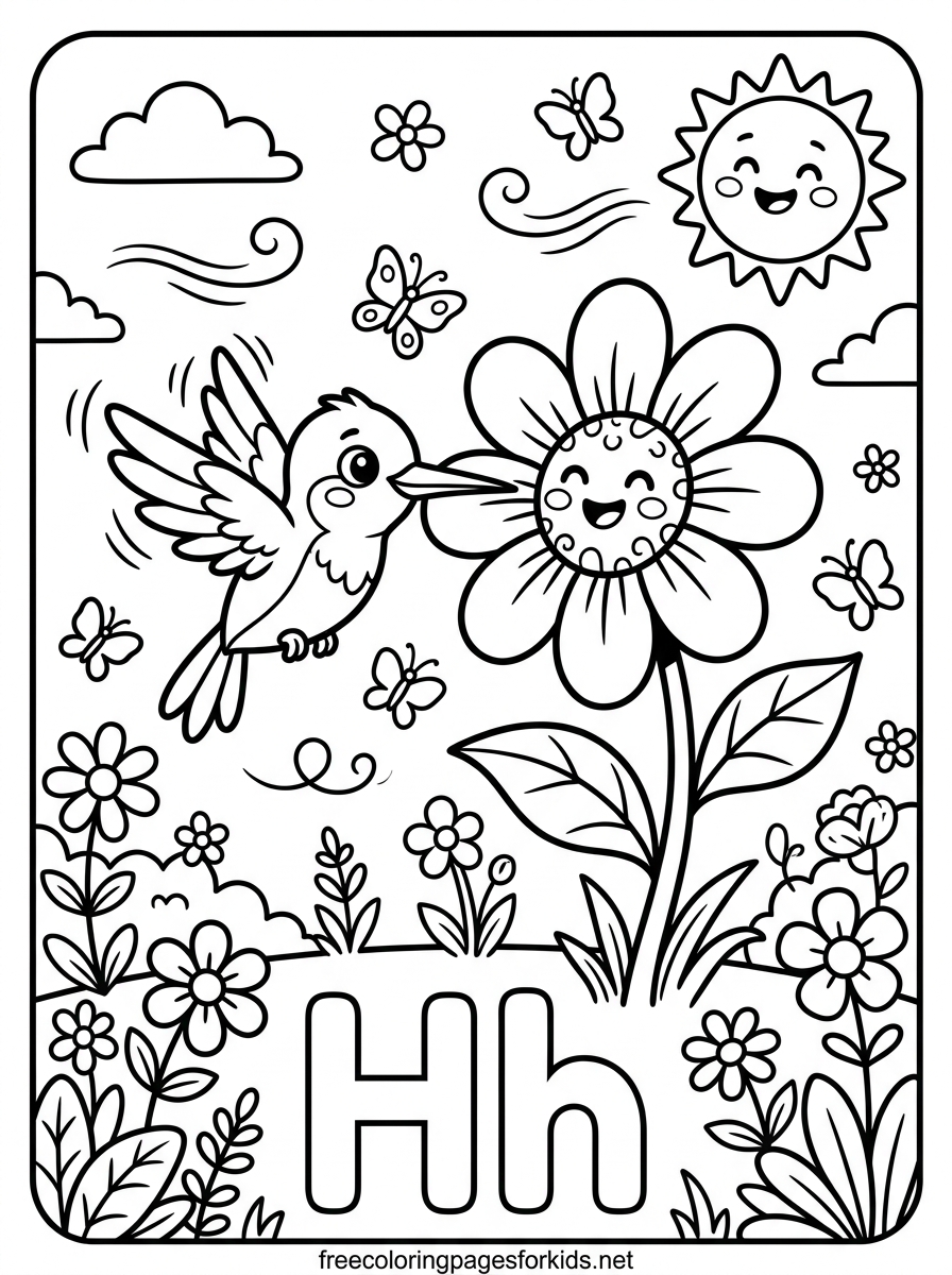 Letter H Hummingbird and Flower Coloring Page