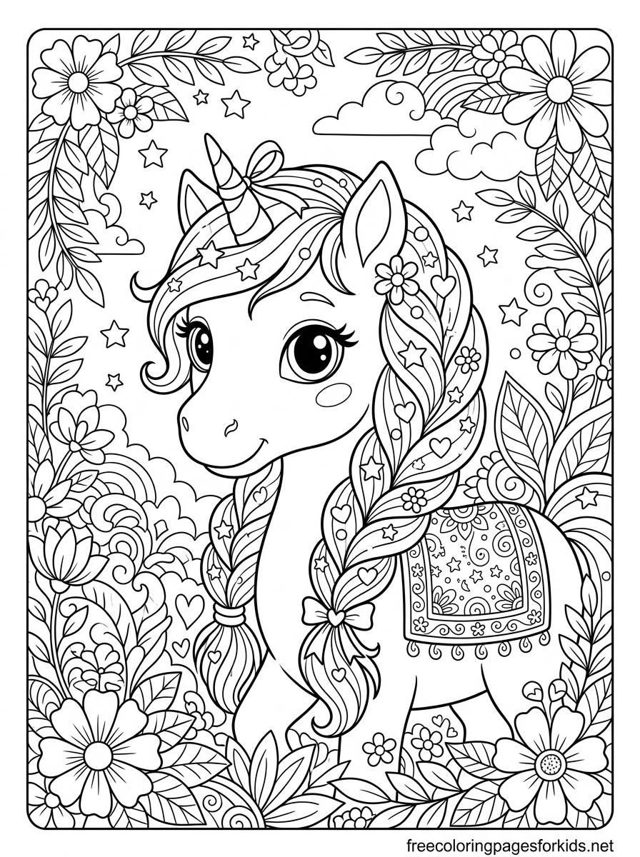 Baby Unicorn With a Braided Mane Coloring Page