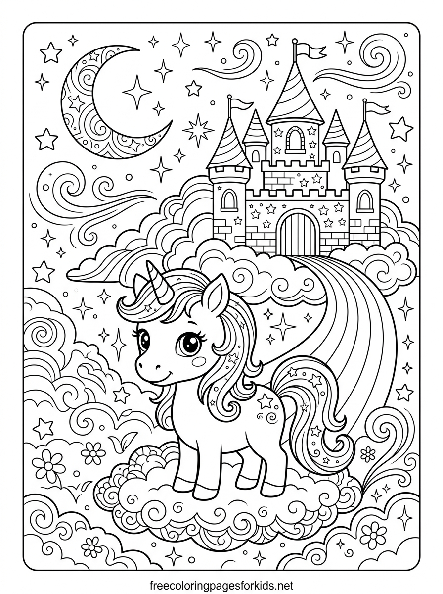 Baby Unicorn Before a Magical Castle Coloring Page