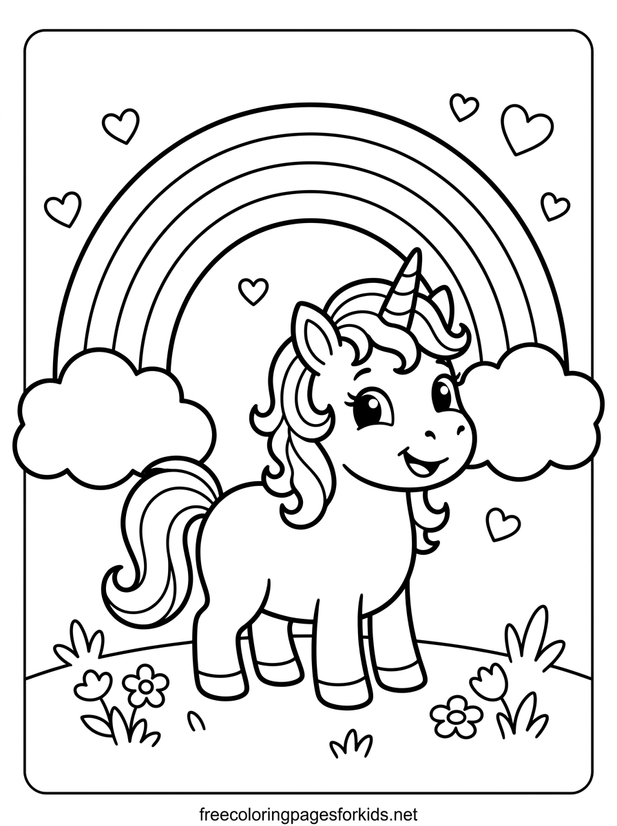 Baby Unicorn and Rainbow Coloring Page
