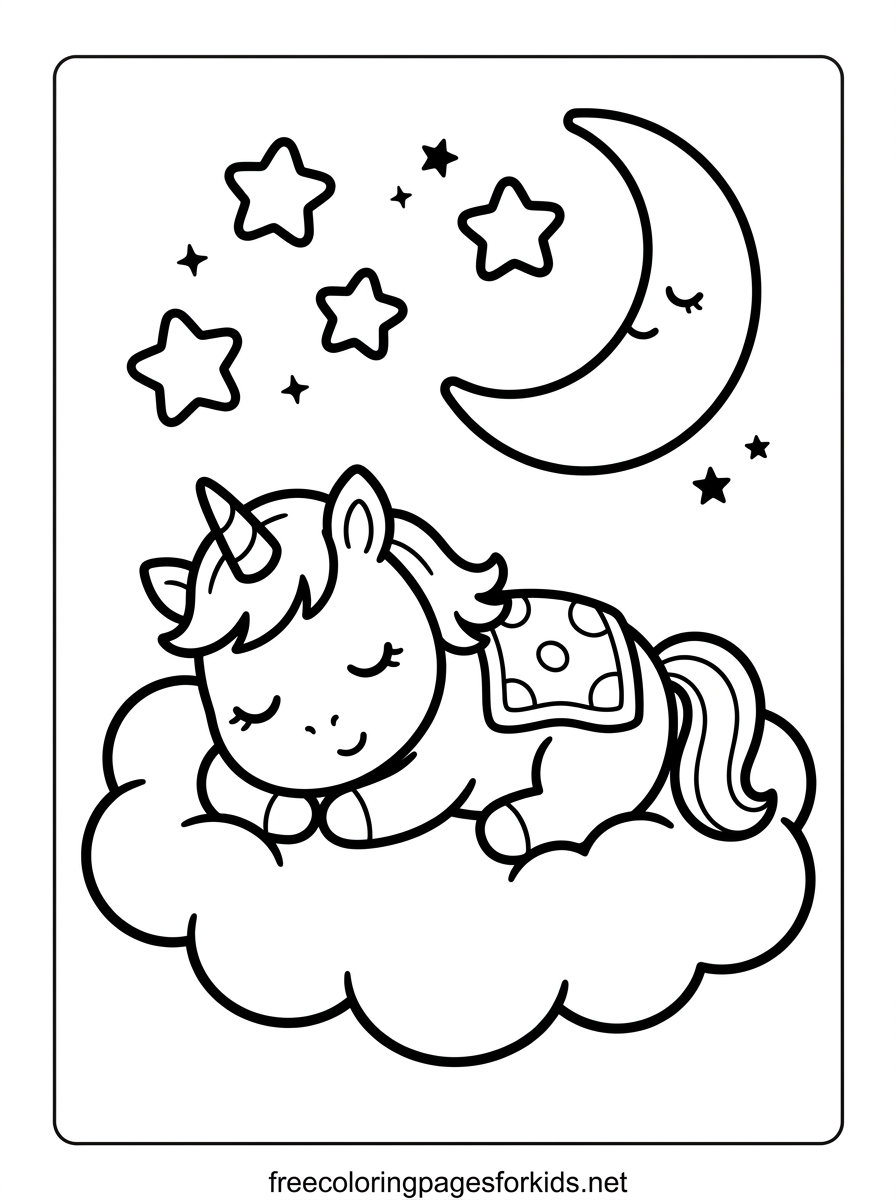 Sleepy Baby Unicorn on a Cloud Coloring Page