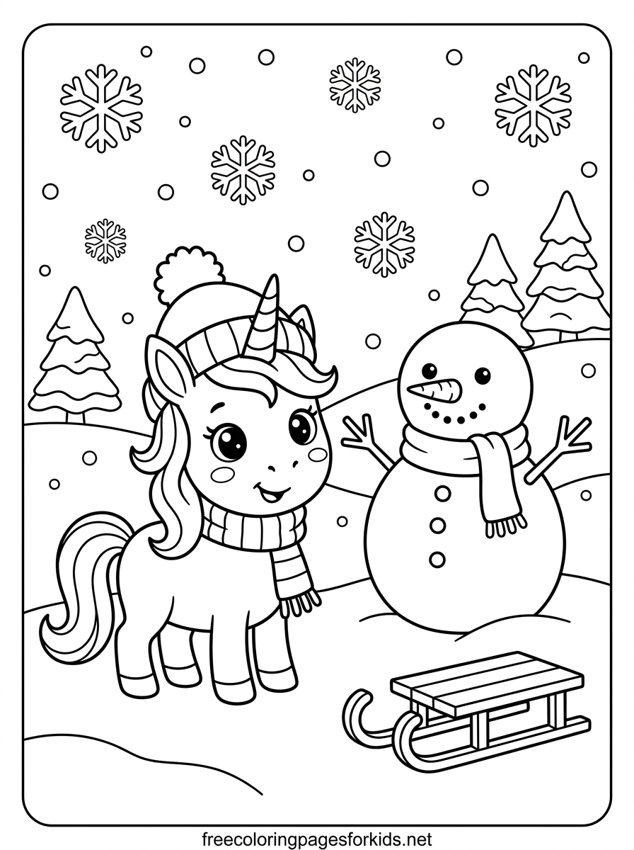 Baby Unicorn and Snowman Coloring Page